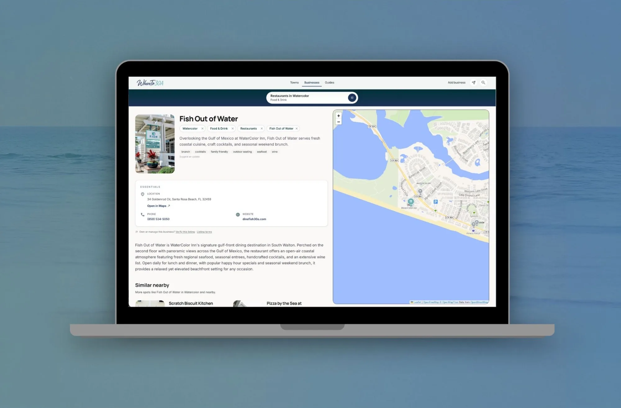 A WhereTo30A business listing open on a laptop