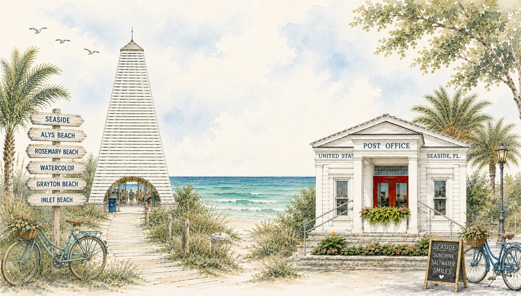 Watercolor illustration of 30A beach towns with sand paths, coastal architecture, and Gulf views