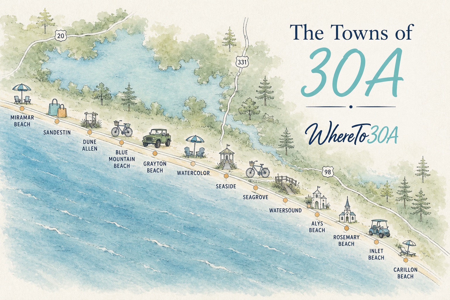 Map of beach towns along Scenic Highway 30A from Inlet Beach to Dune Allen